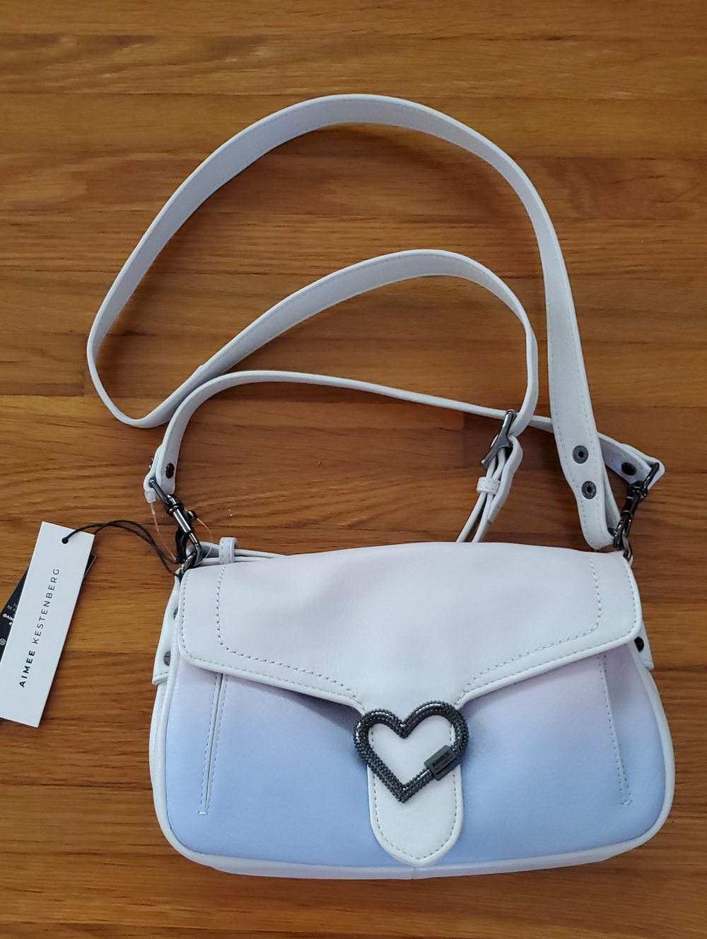 Aimee Kestenberg White & Light Blue Heart Buckle all Leather Crossbody